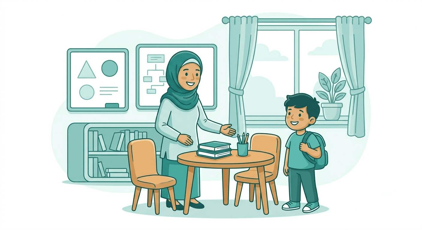 عند المعلمة أو في مجموعة